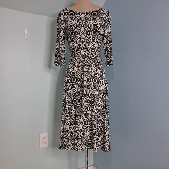 Leota Dresses & Skirts - Leota High Modern Midi Dress Hand Made NY USA Belted Geometric 3/4 Sleeve SZ L